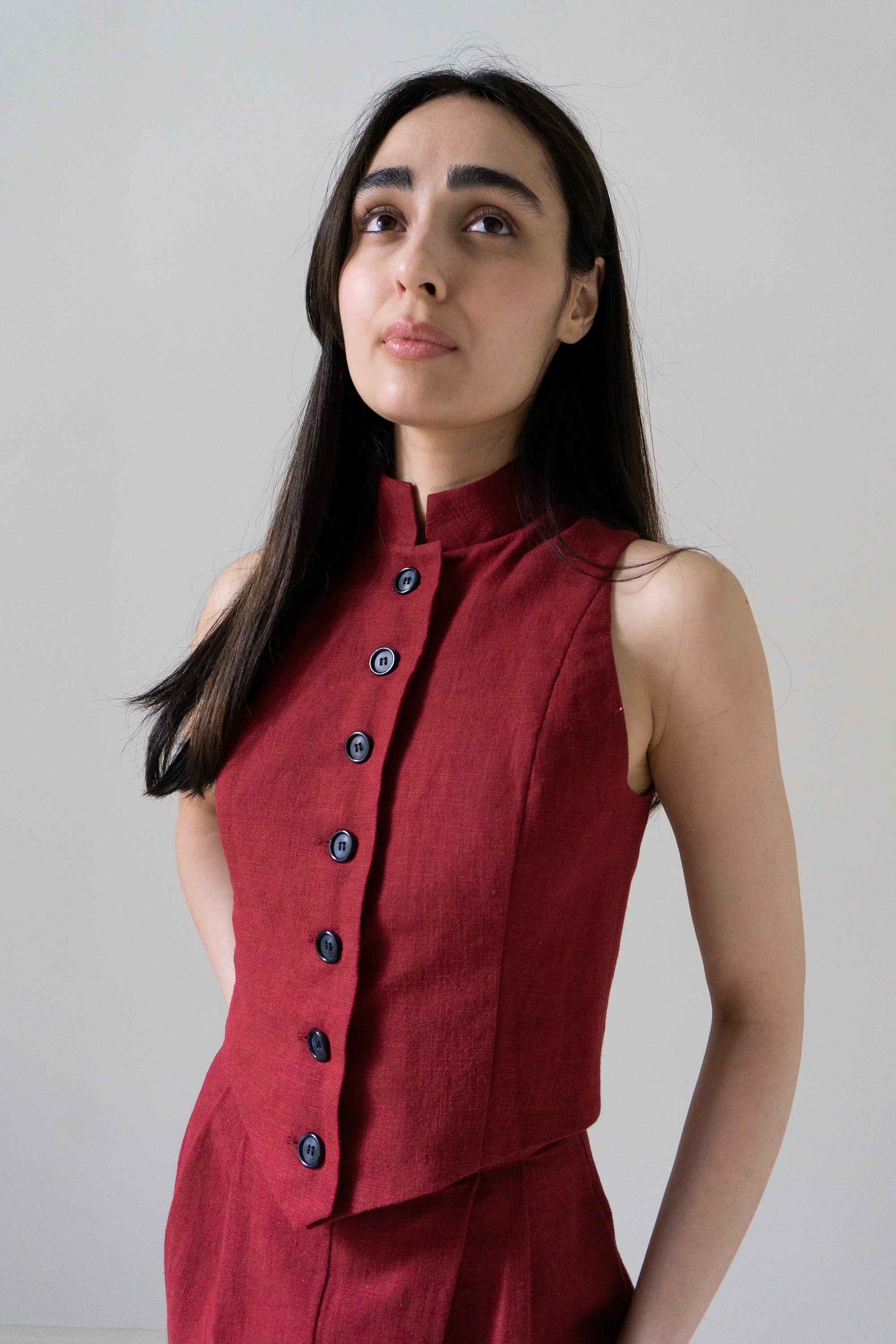 Ada Linen Waistcoat - Crimson