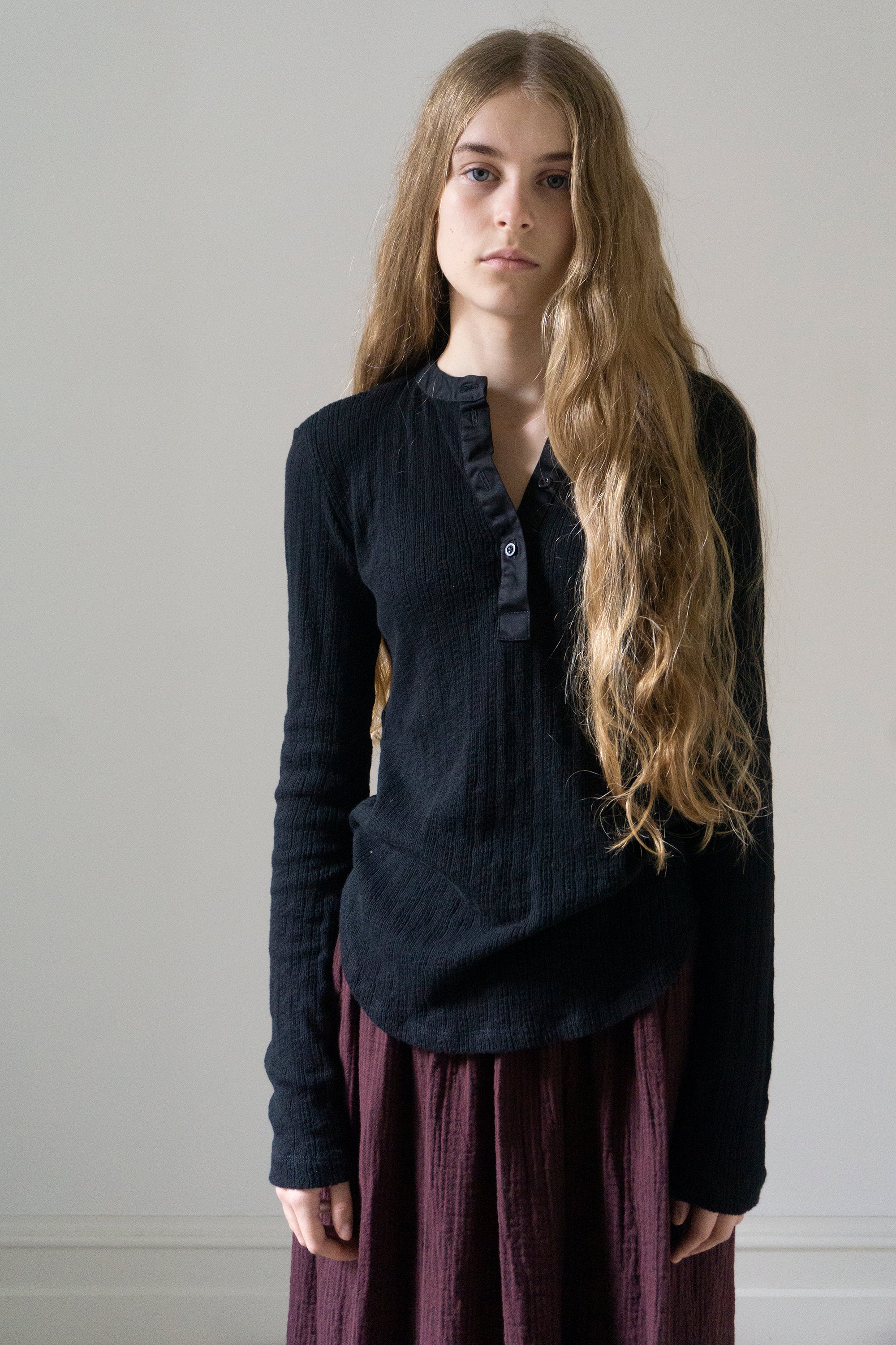 Haut Pointelle Henley à Manches Longues - Noir