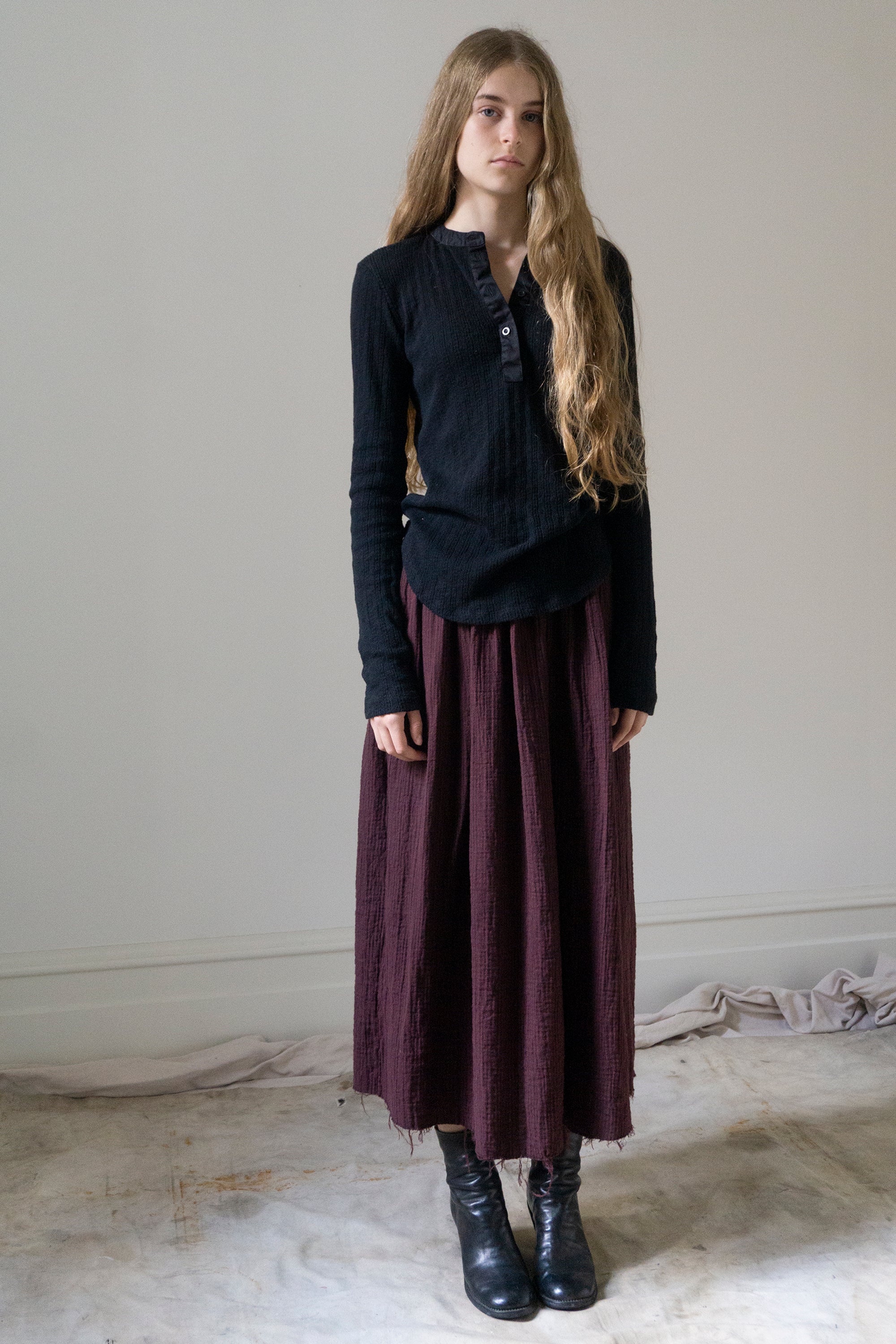 Haut Pointelle Henley à Manches Longues - Noir