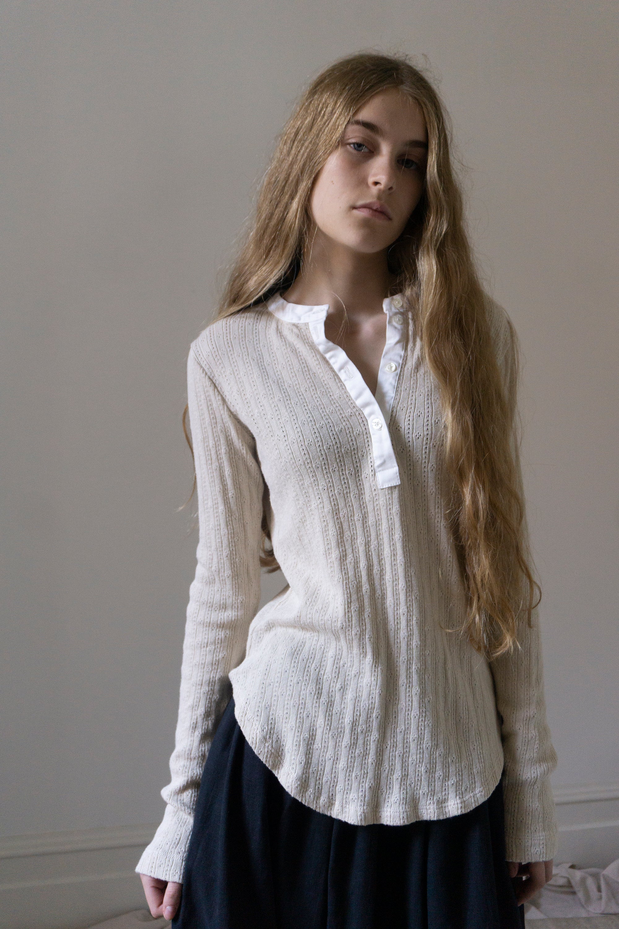 Pointelle Henley Long Sleeve Top - Cream