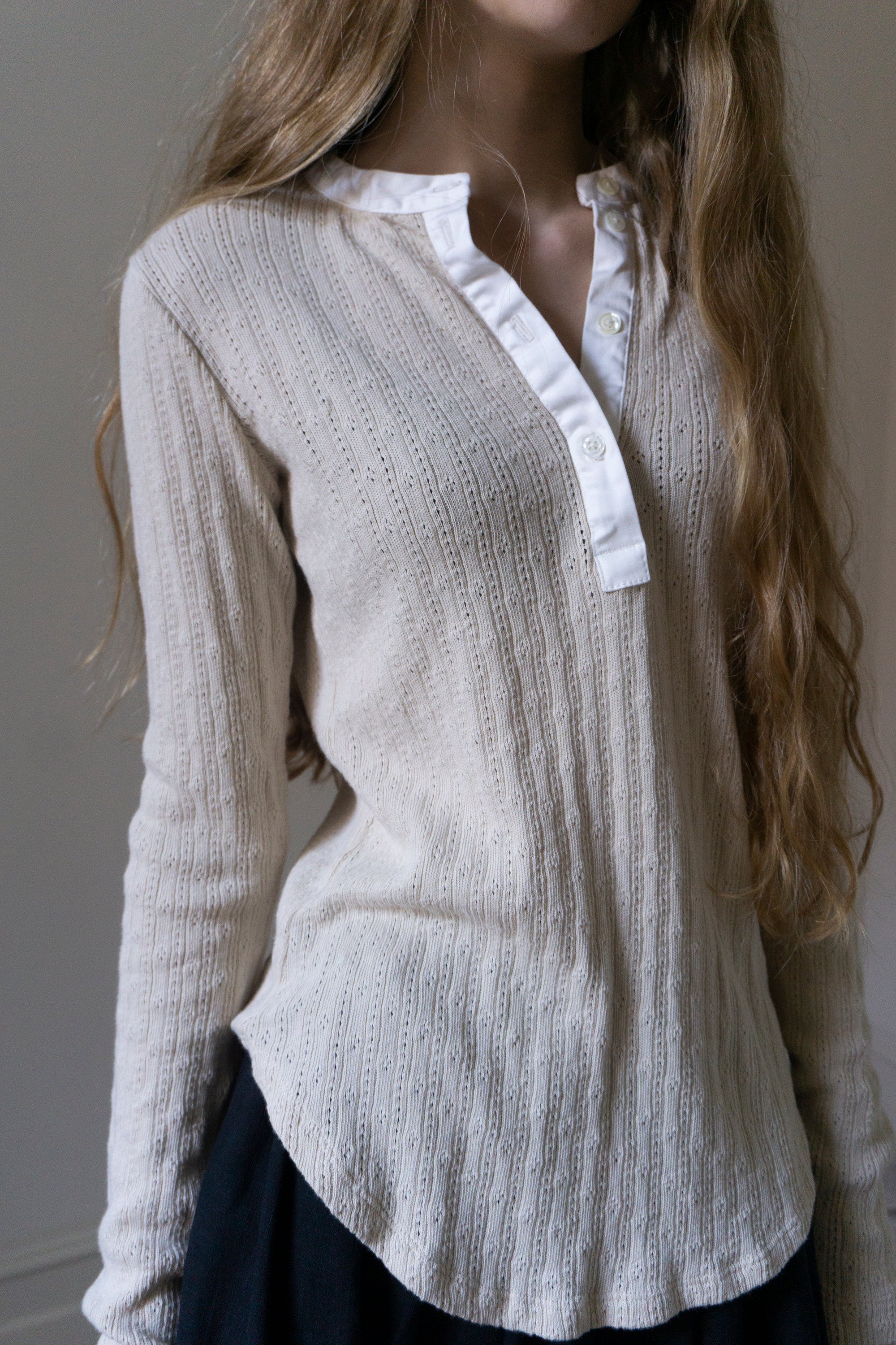 Pointelle Henley Long Sleeve Top - Cream