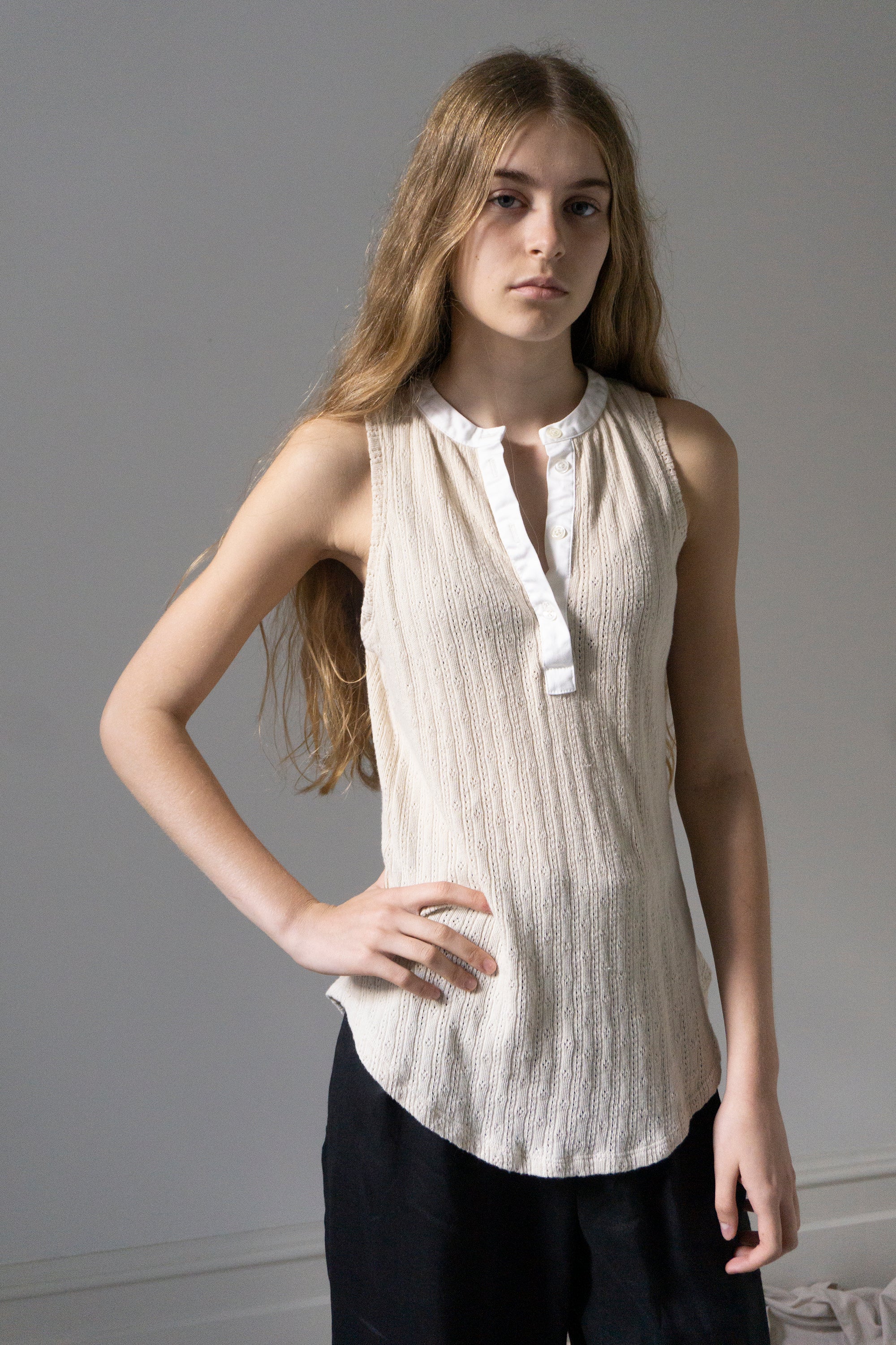 Pointelle Henley Tank Top - Cream