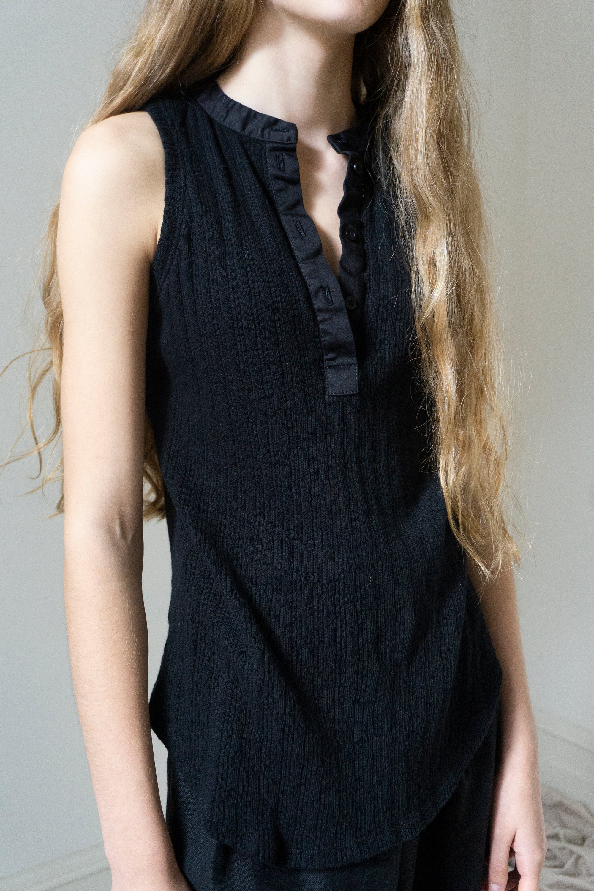 Pointelle Henley Tank Top - Black