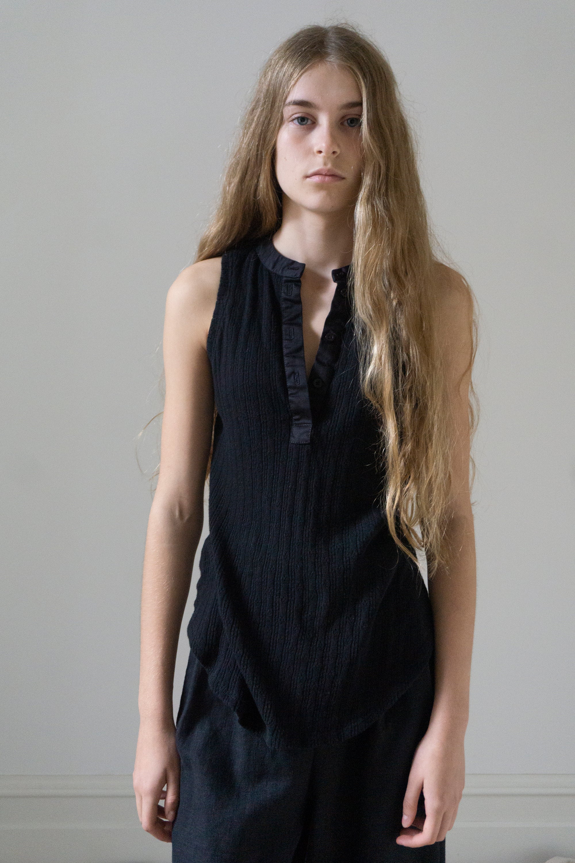Pointelle Henley Tank Top - Black