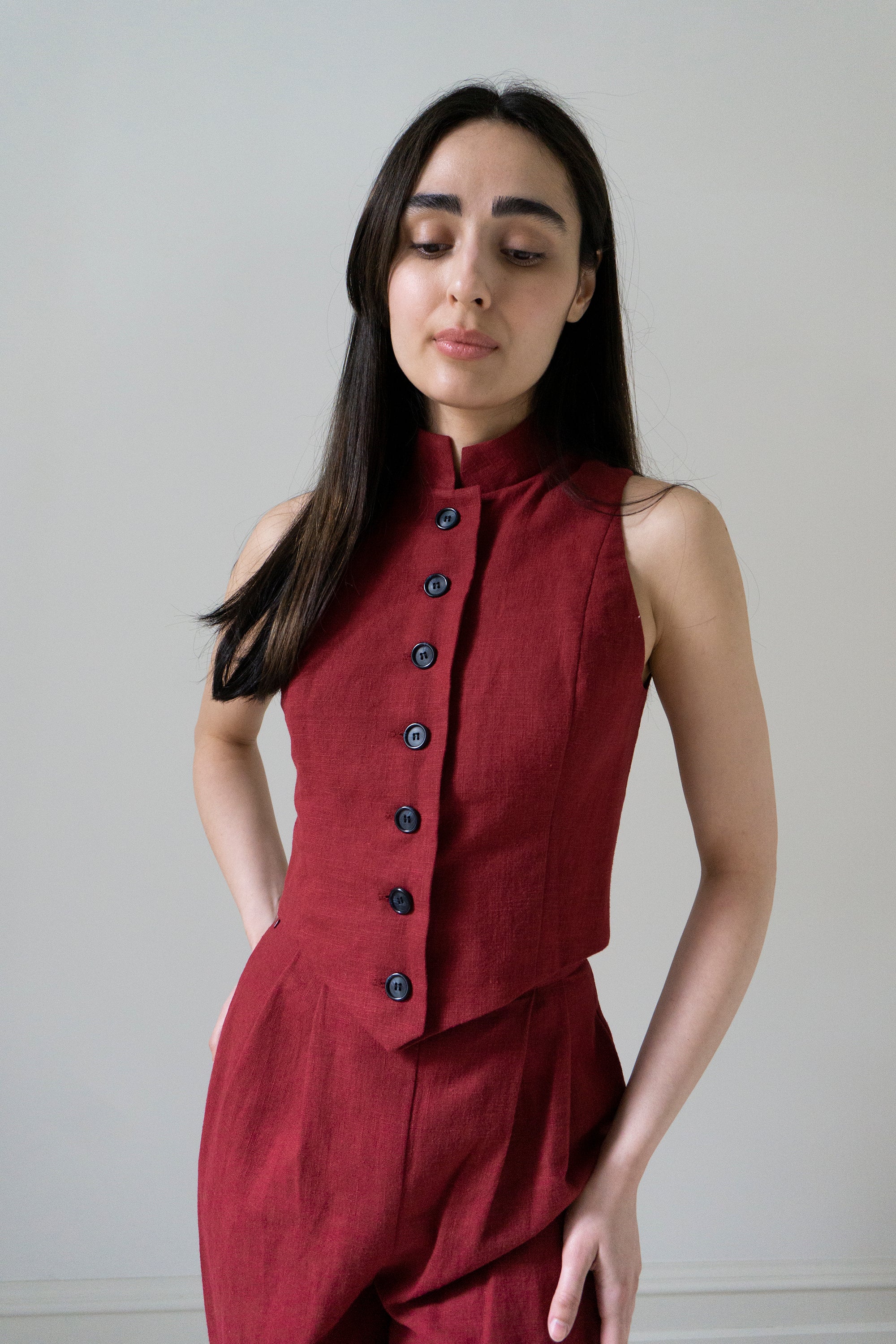 Ada Linen Waistcoat - Crimson