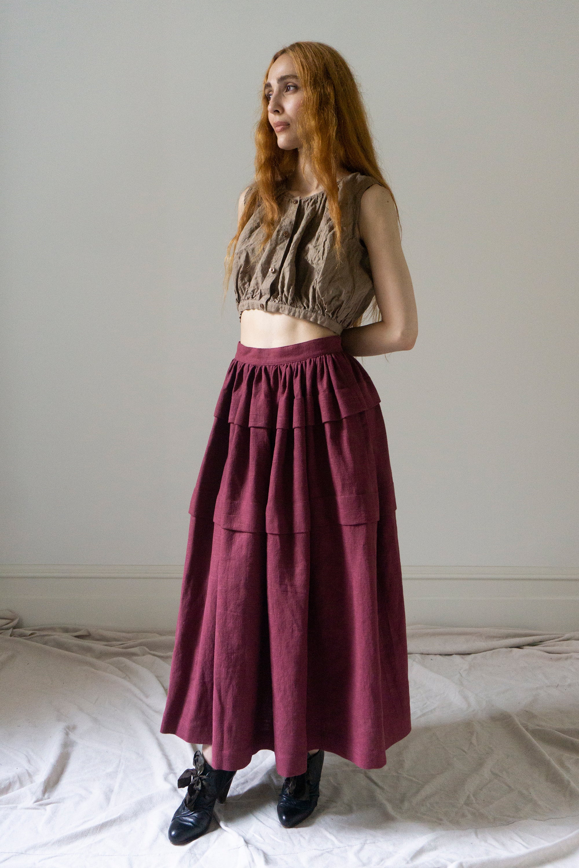 Carys Linen Skirt - Burgundy