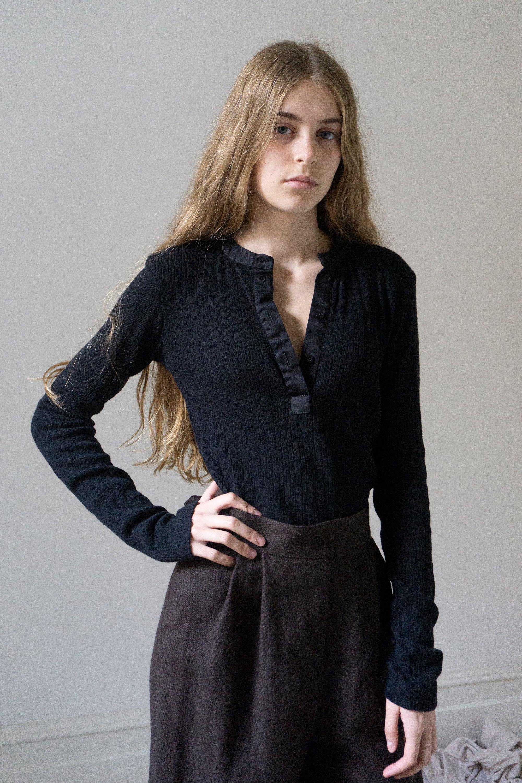 Pointelle Henley Long Sleeve Top - Black