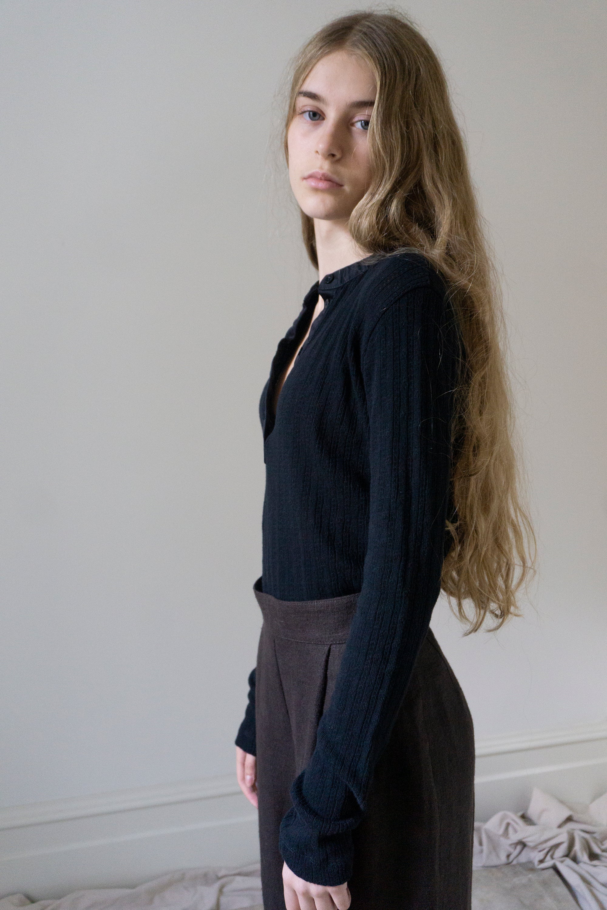 Pointelle Henley Long Sleeve Top - Black