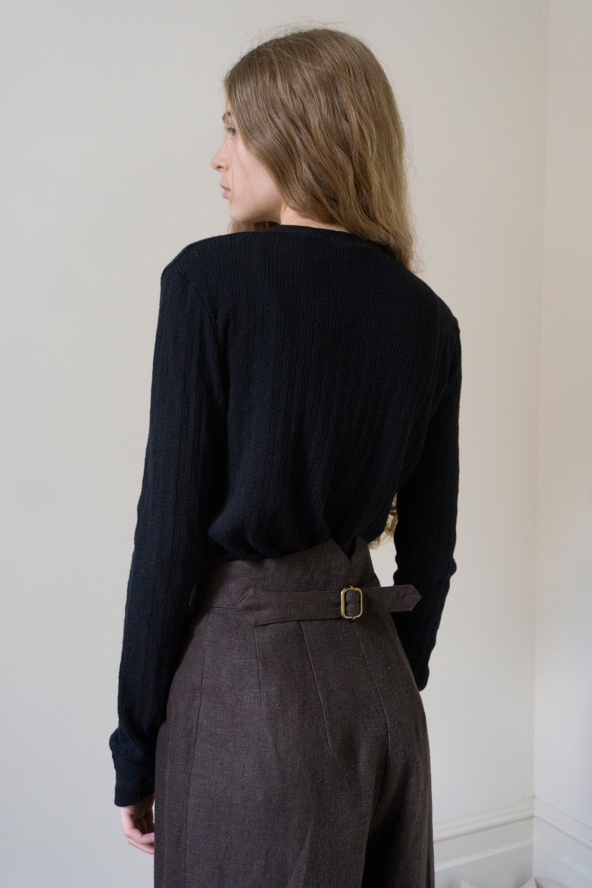 Pointelle Henley Long Sleeve Top - Black