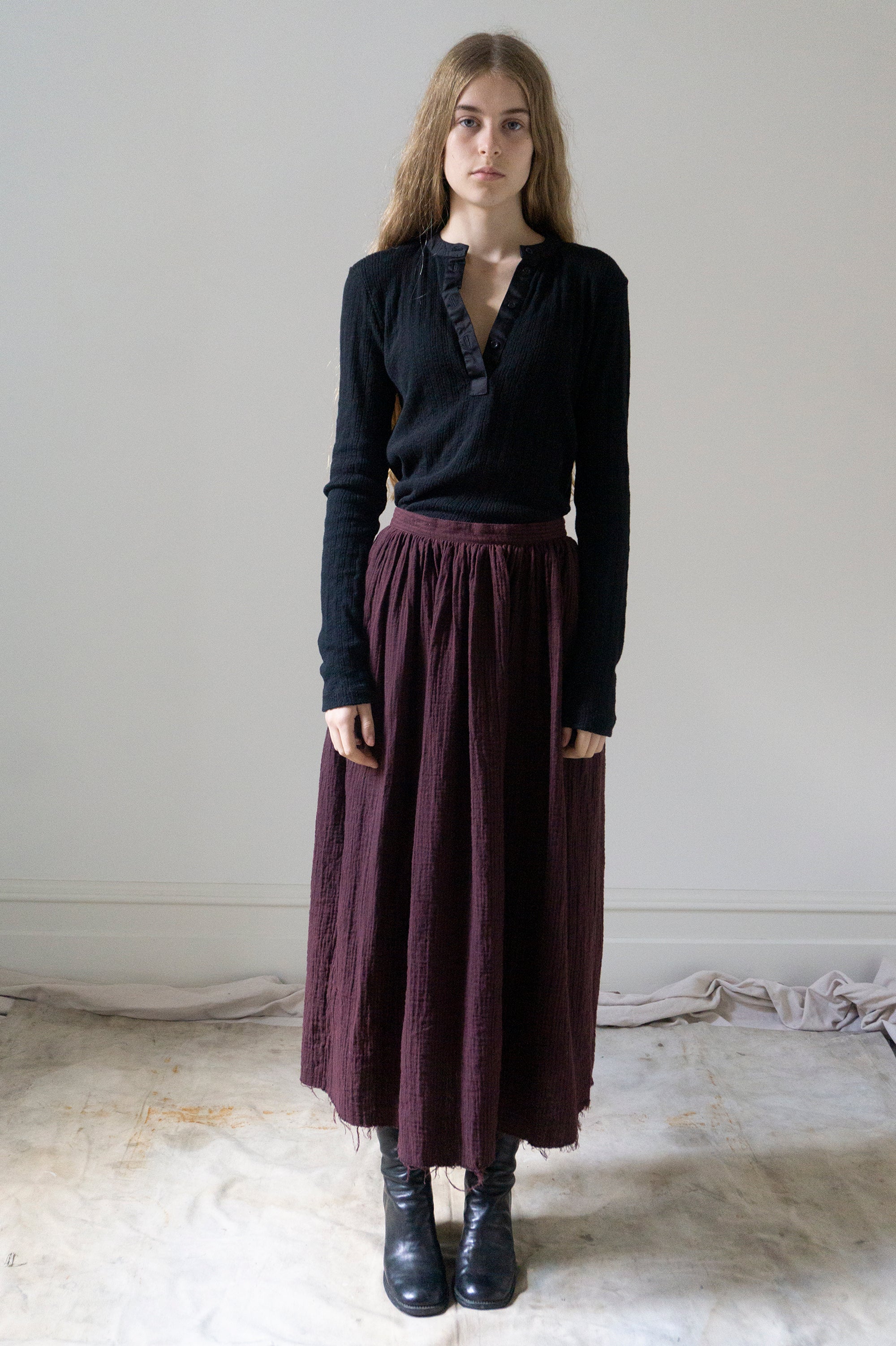 Pointelle Henley Long Sleeve Top - Black
