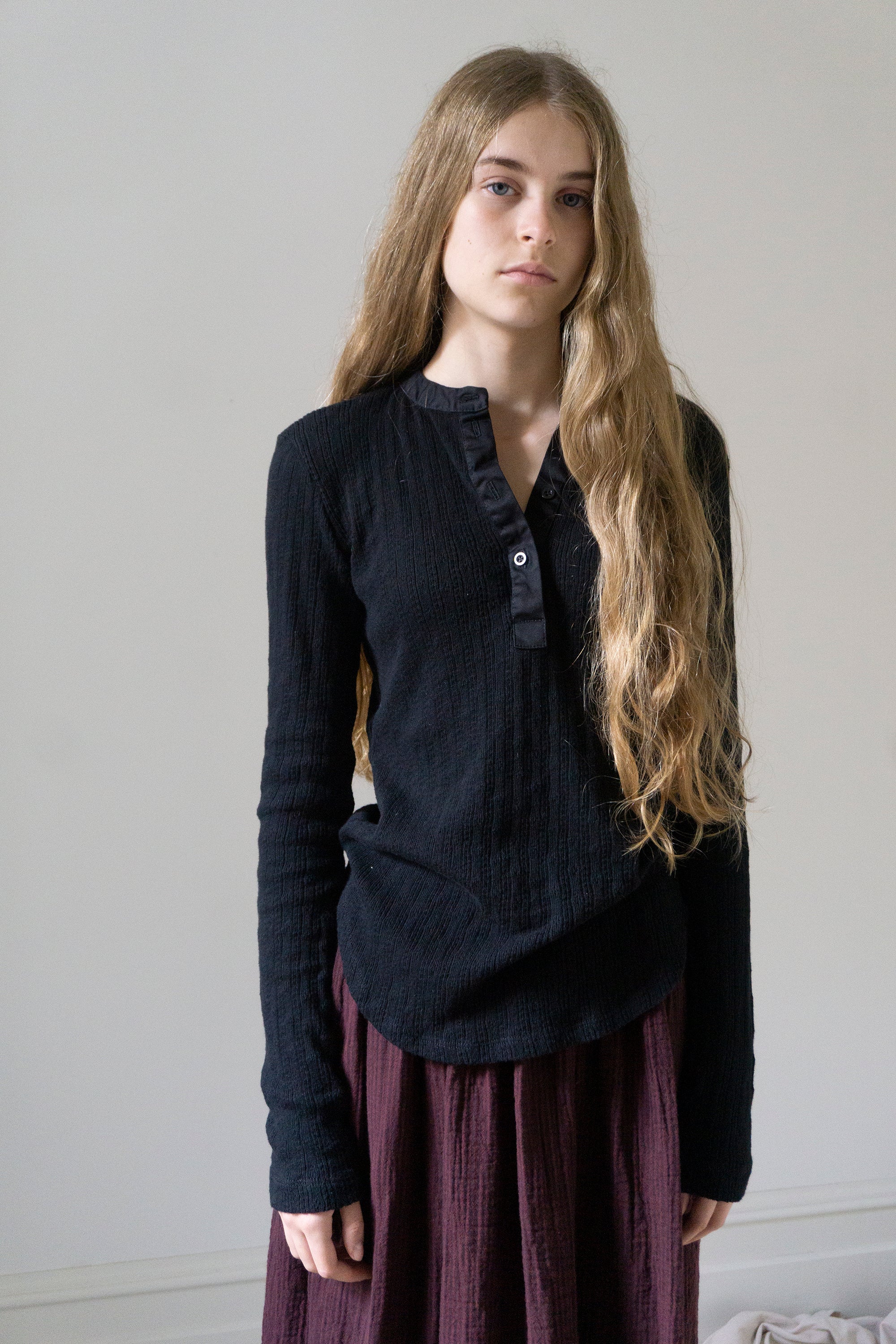 Pointelle Henley Long Sleeve Top - Black