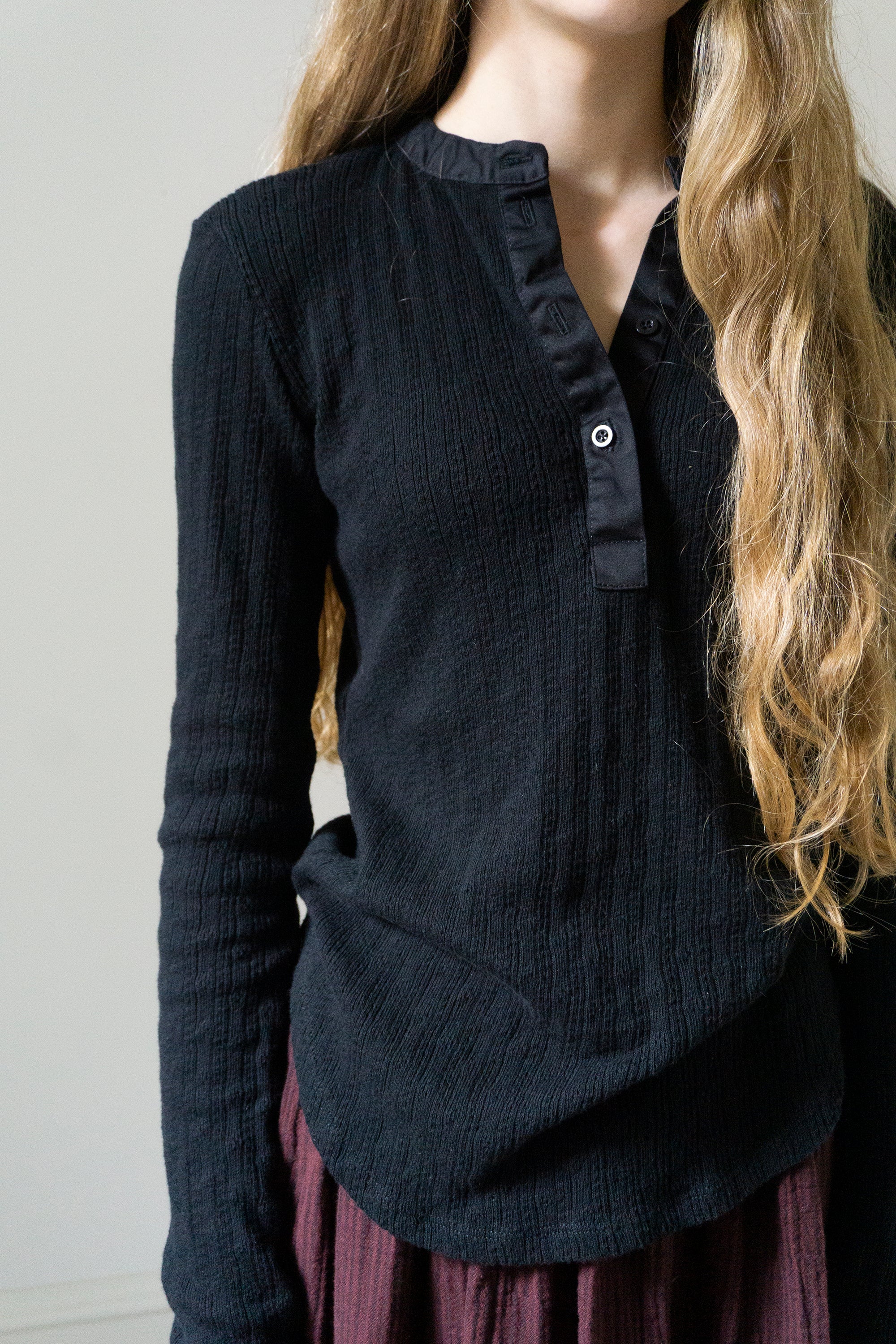 Pointelle Henley Long Sleeve Top - Black