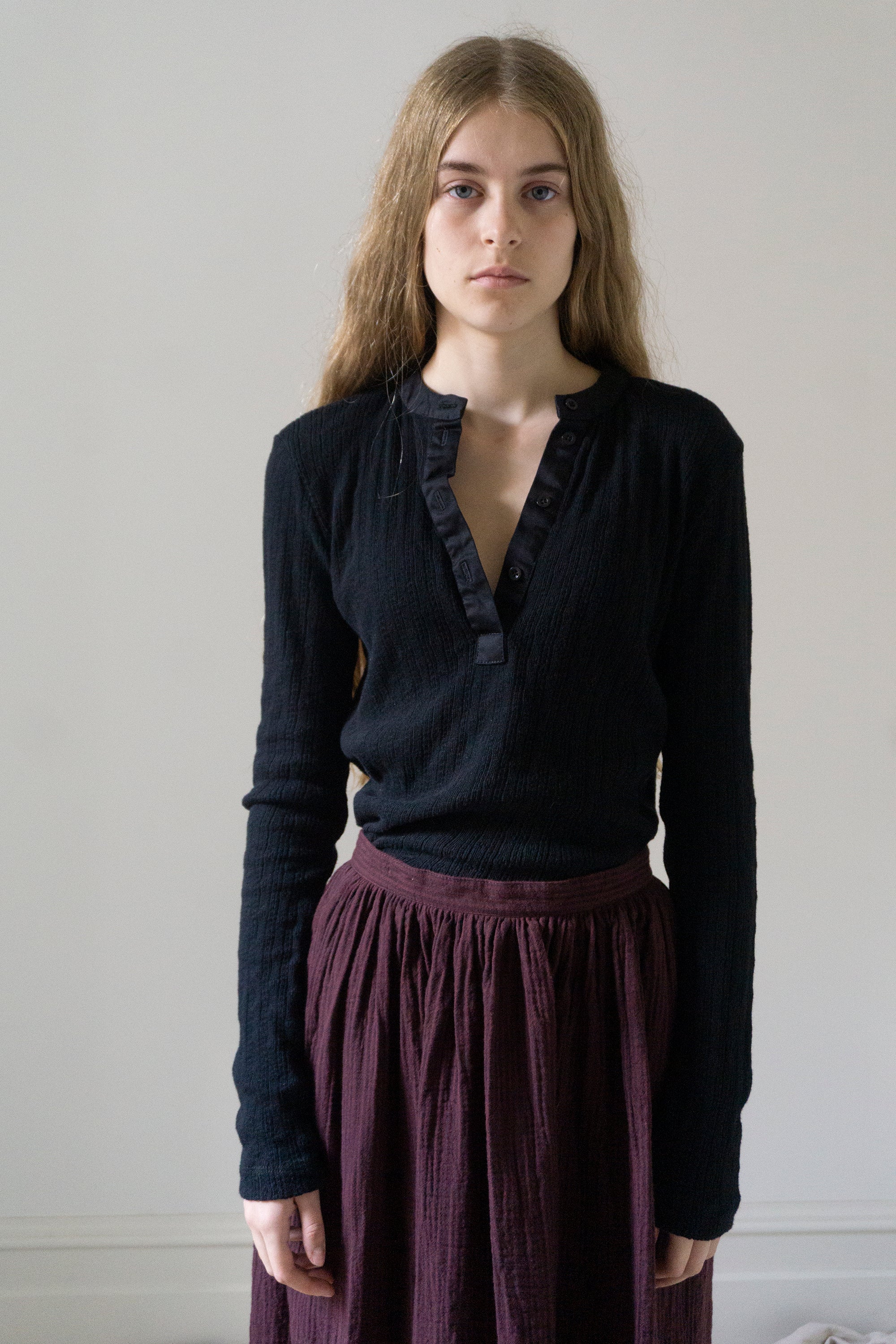 Pointelle Henley Long Sleeve Top - Black