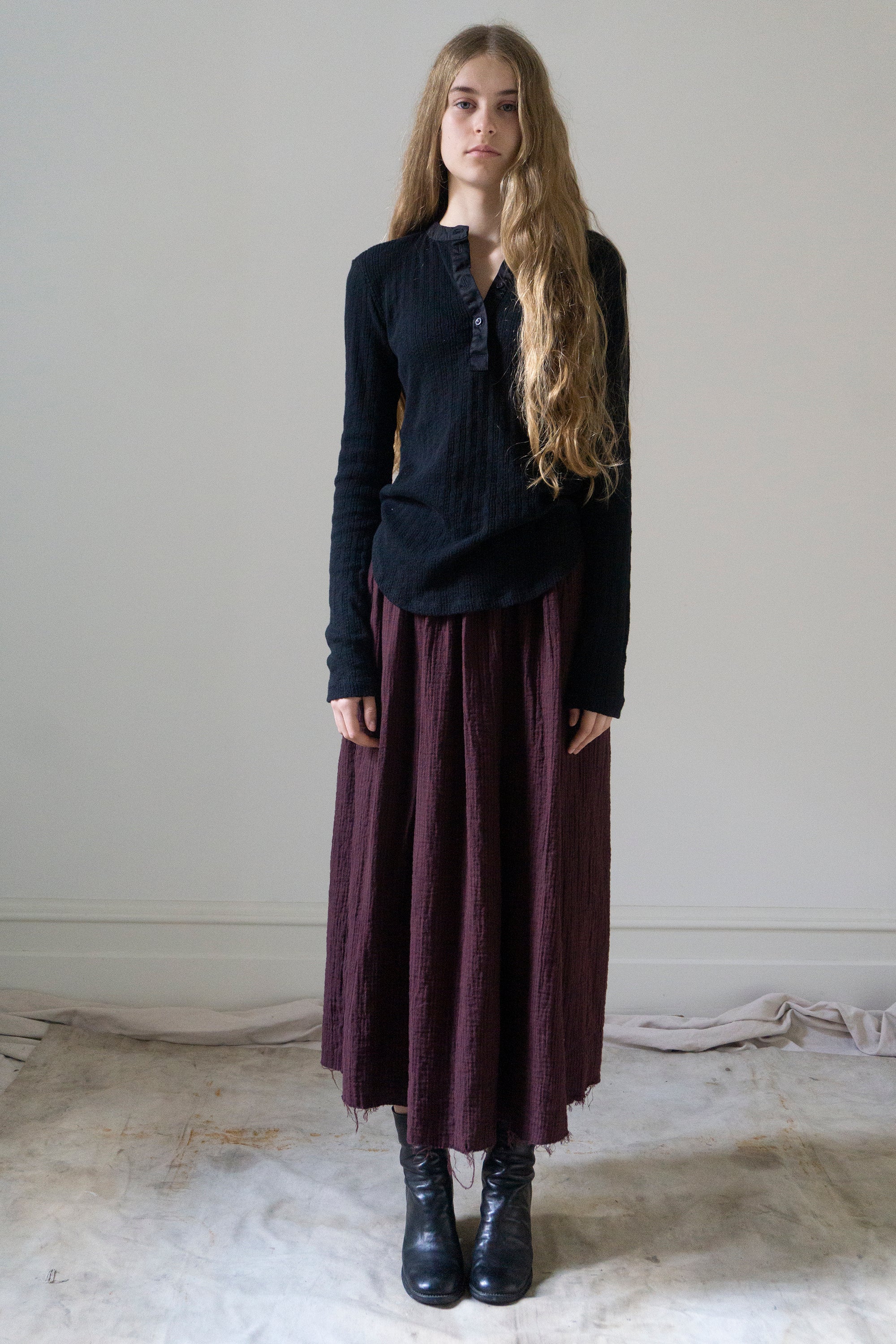 Pointelle Henley Long Sleeve Top - Black