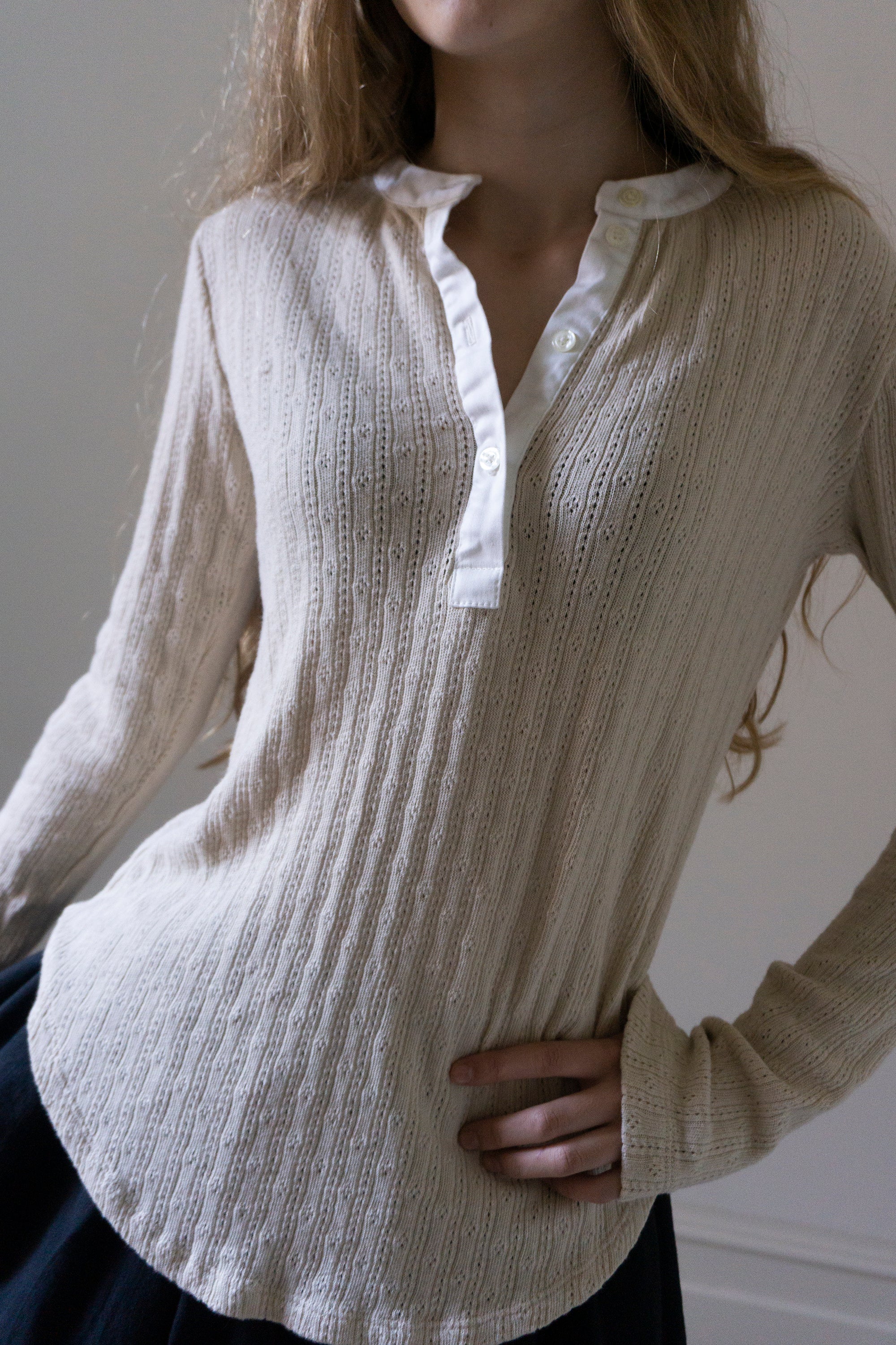 Pointelle Henley Long Sleeve Top - Cream