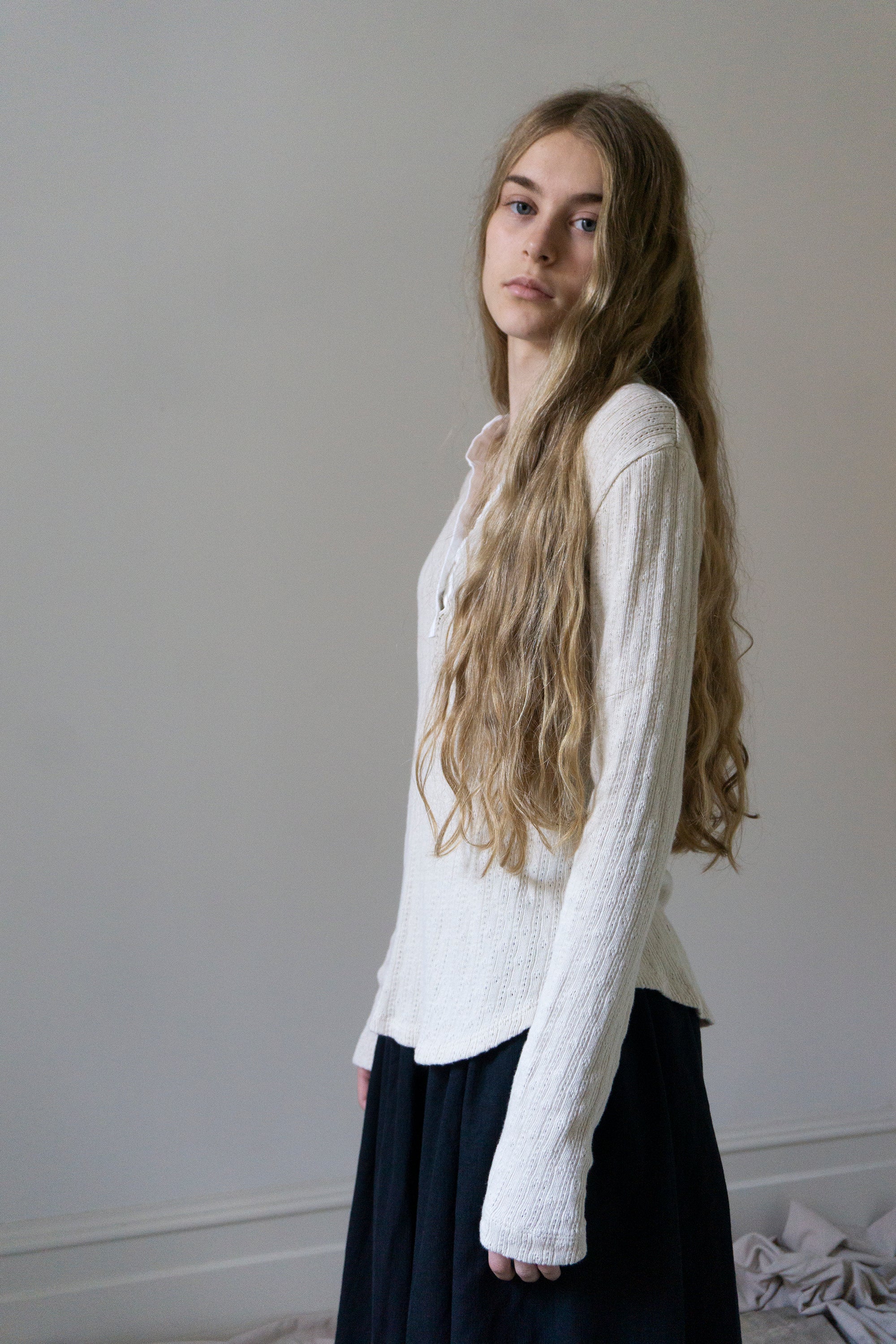 Pointelle Henley Long Sleeve Top - Cream