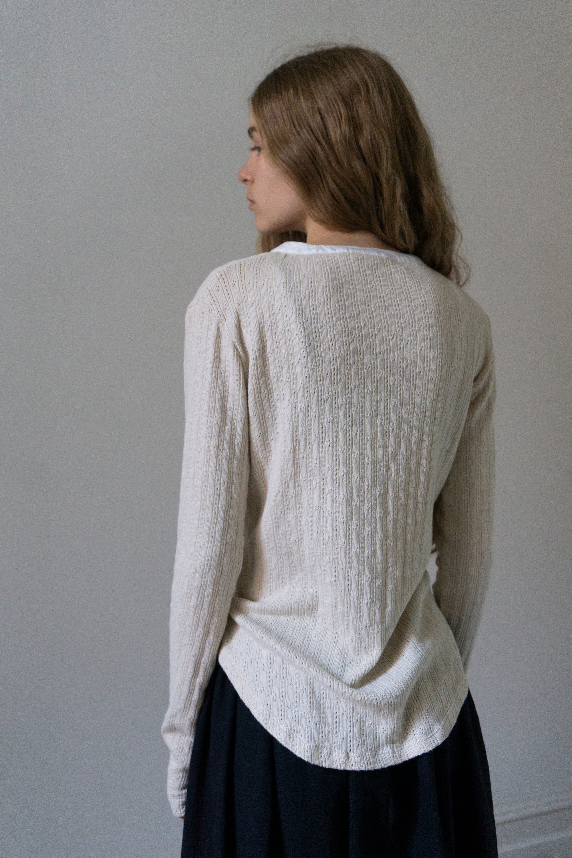 Pointelle Henley Long Sleeve Top - Cream