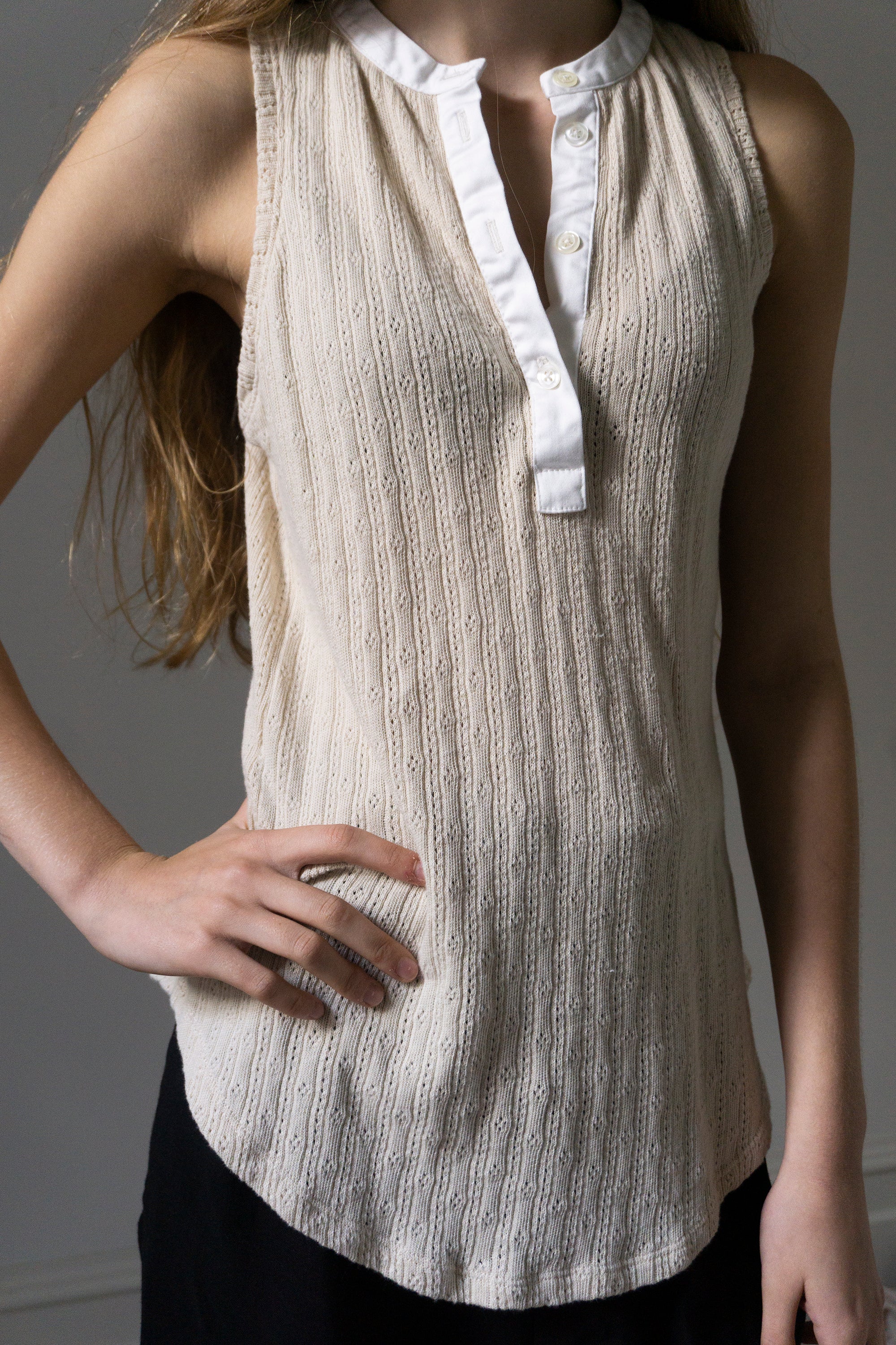 Pointelle Henley Tank Top - Cream