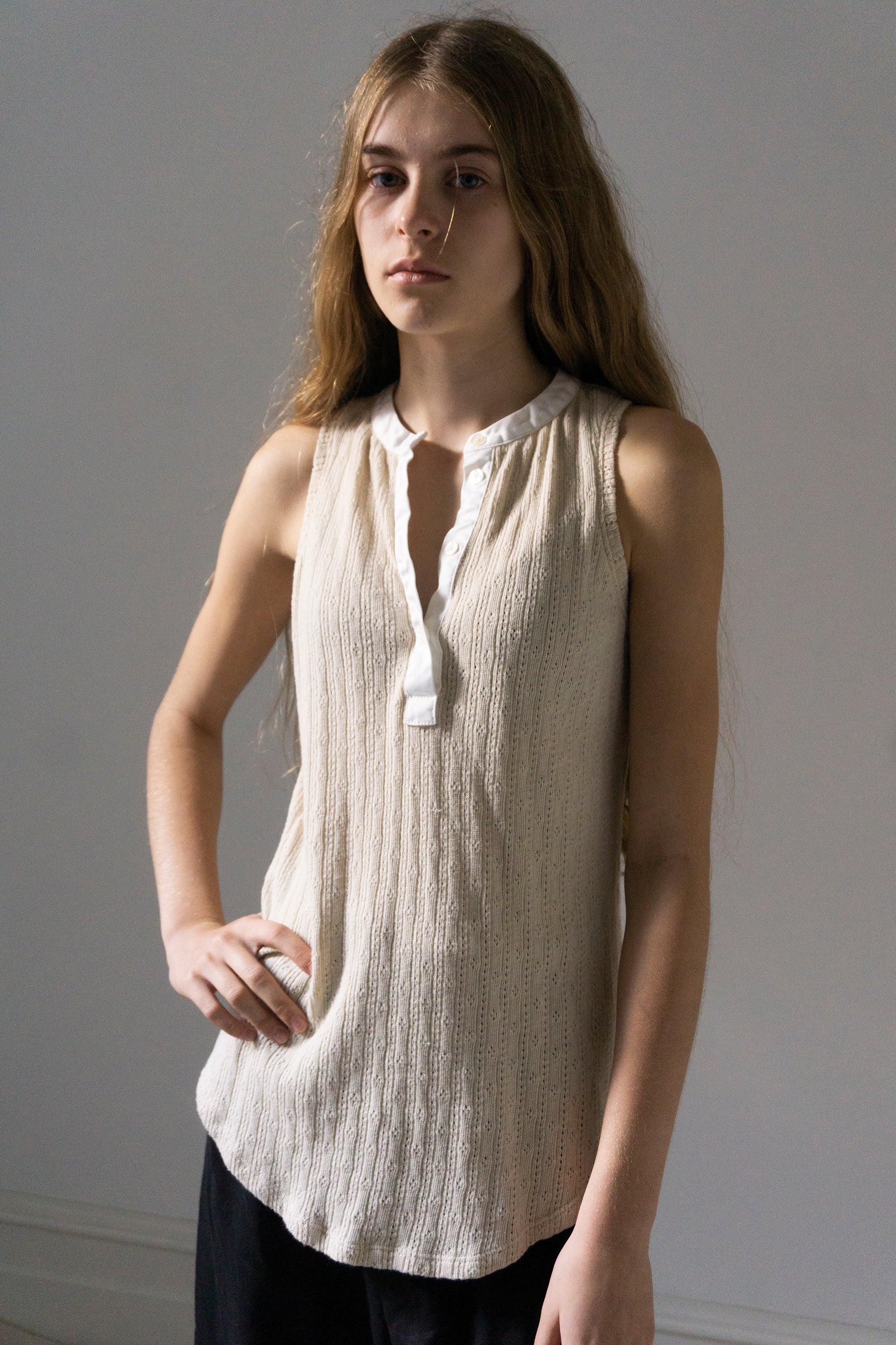 Pointelle Henley Tank Top - Cream