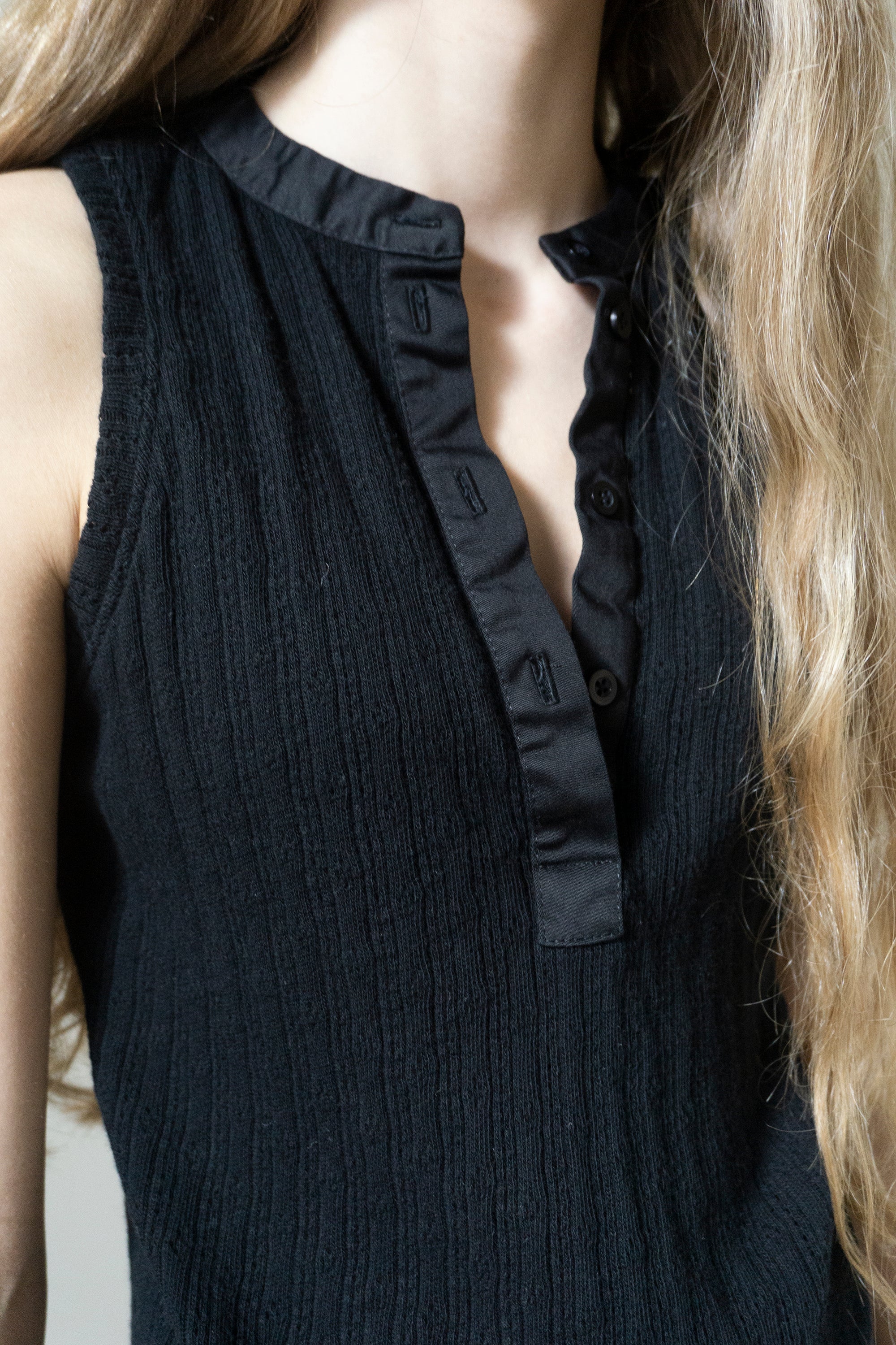 Pointelle Henley Tank Top - Black