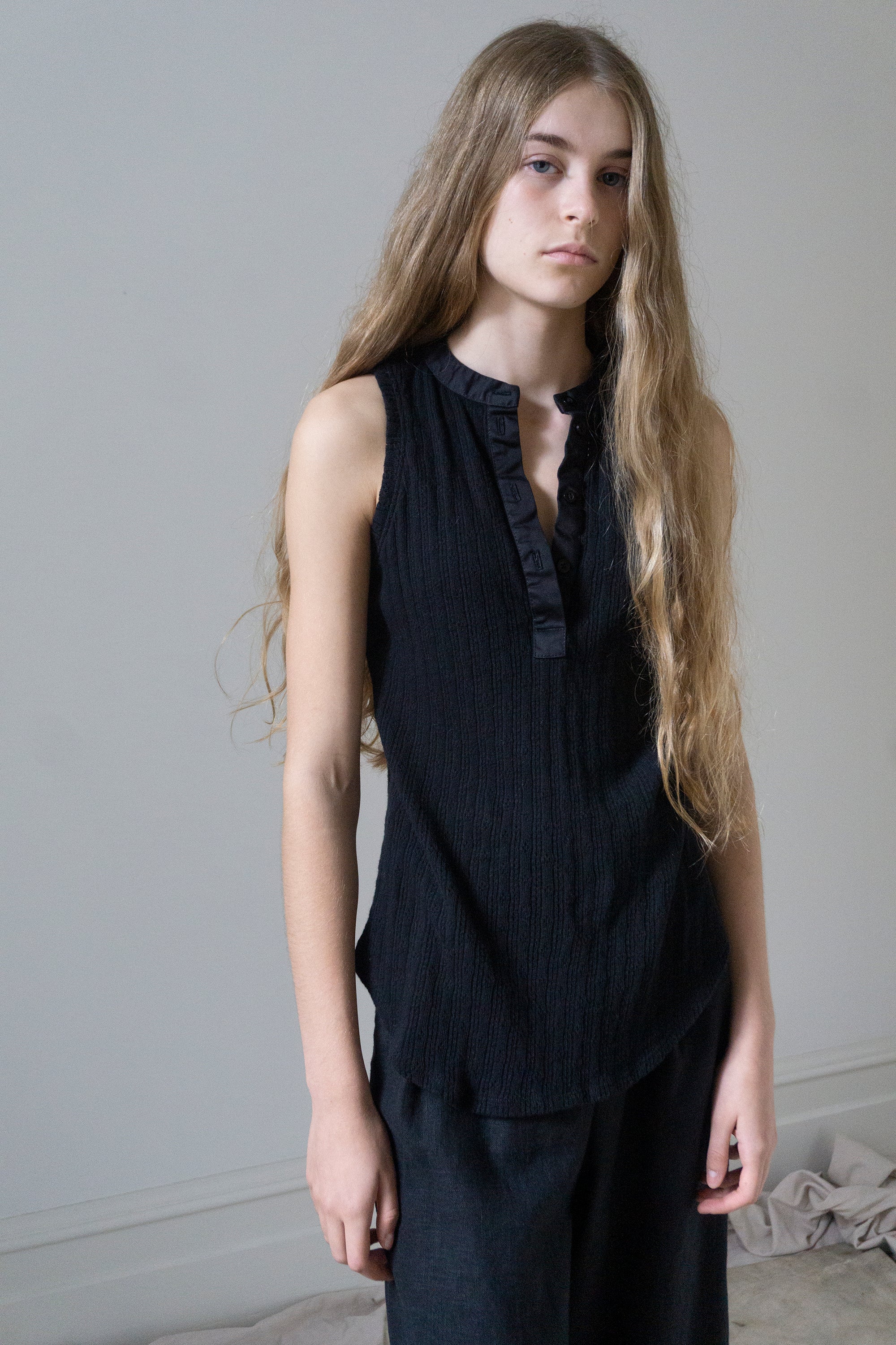 Pointelle Henley Tank Top - Black