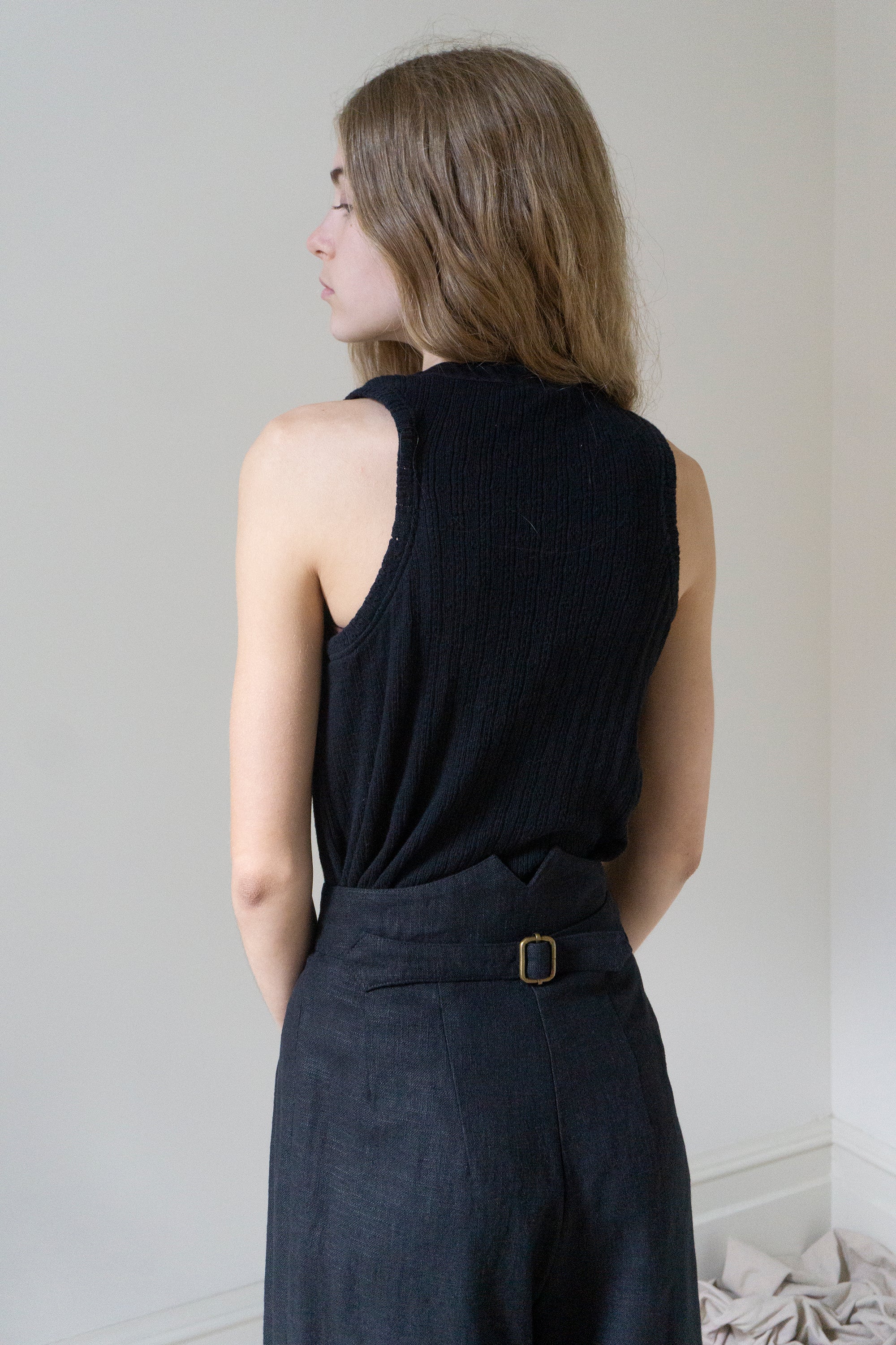 Pointelle Henley Tank Top - Black