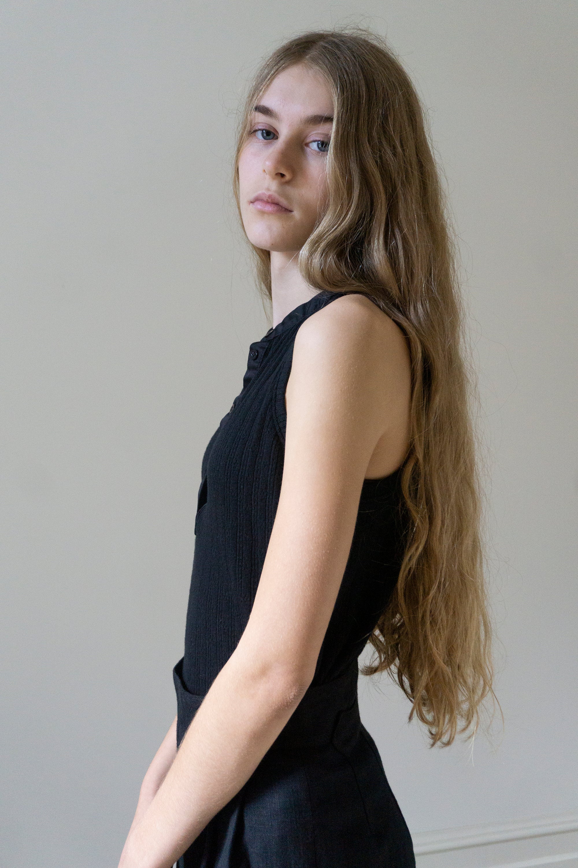 Pointelle Henley Tank Top - Black