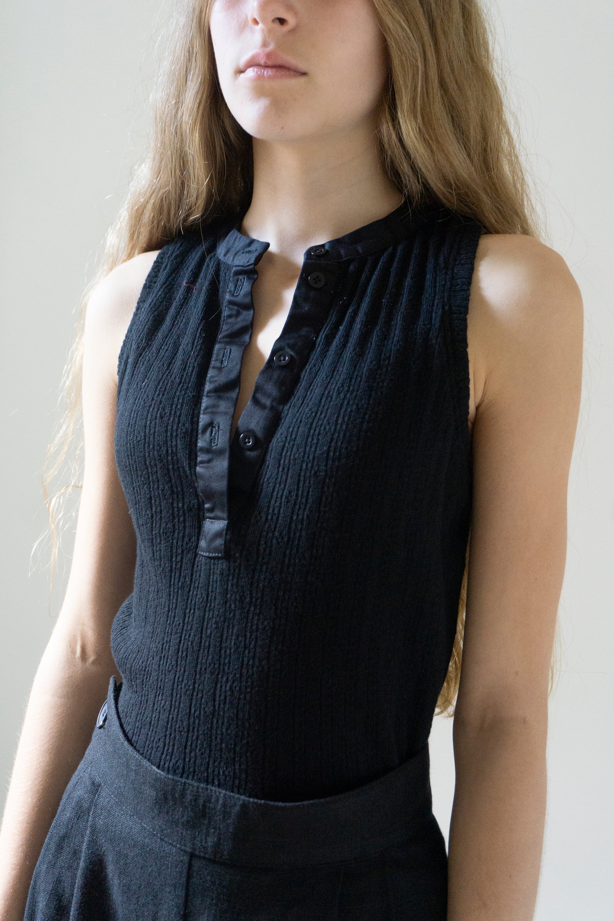 Pointelle Henley Tank Top - Black
