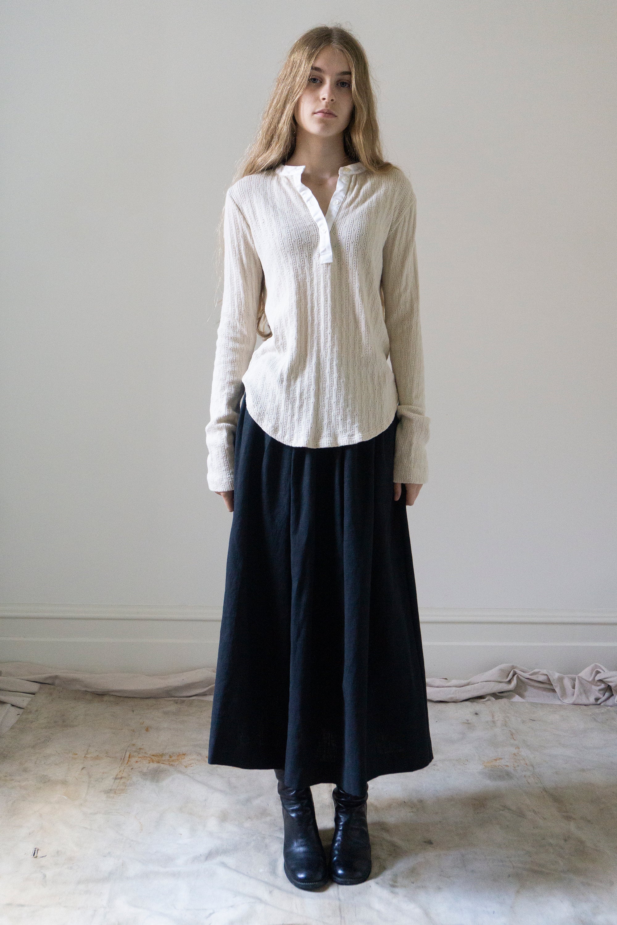Pointelle Henley Long Sleeve Top - Cream