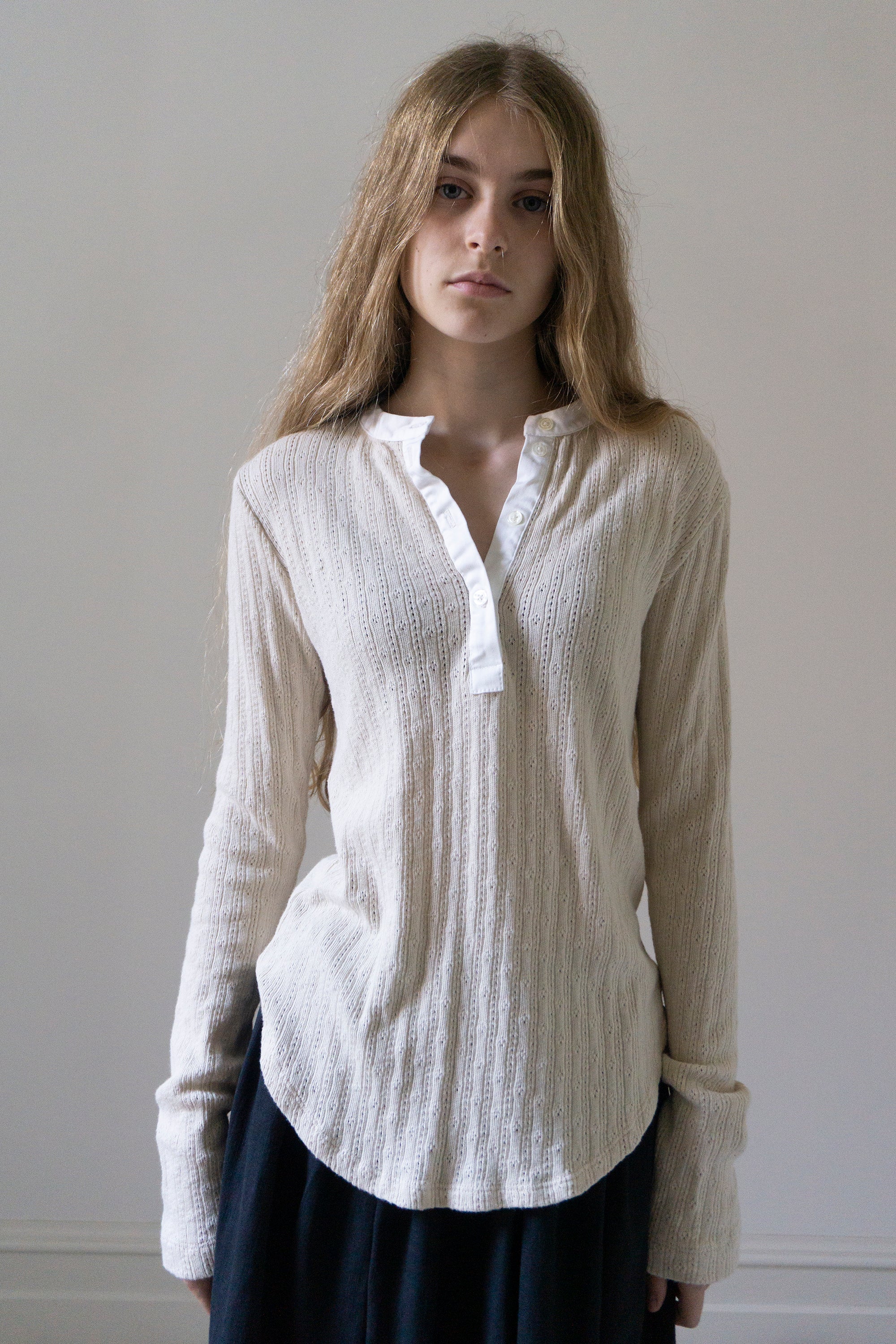 Pointelle Henley Long Sleeve Top - Cream