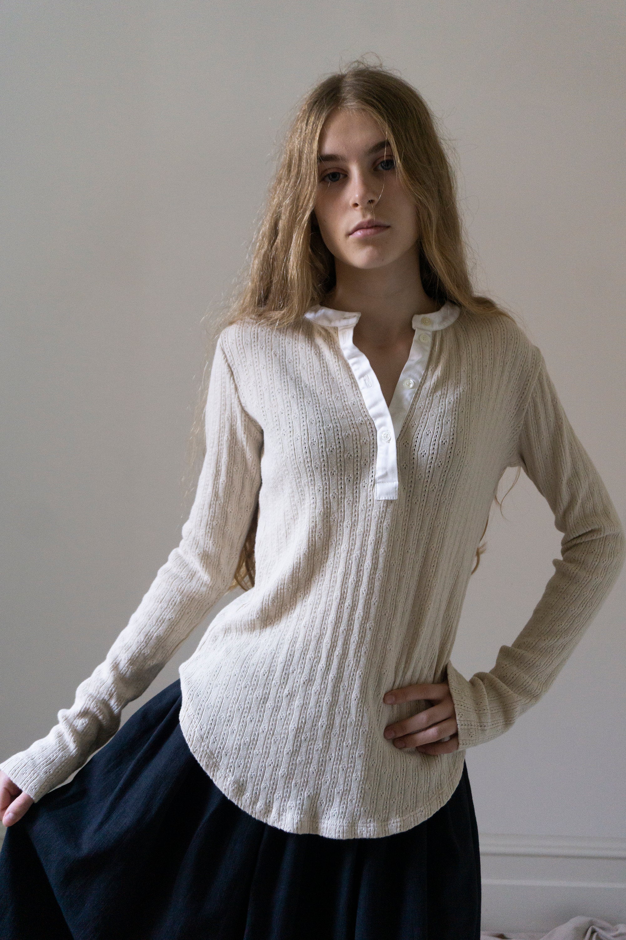 Pointelle Henley Long Sleeve Top - Cream
